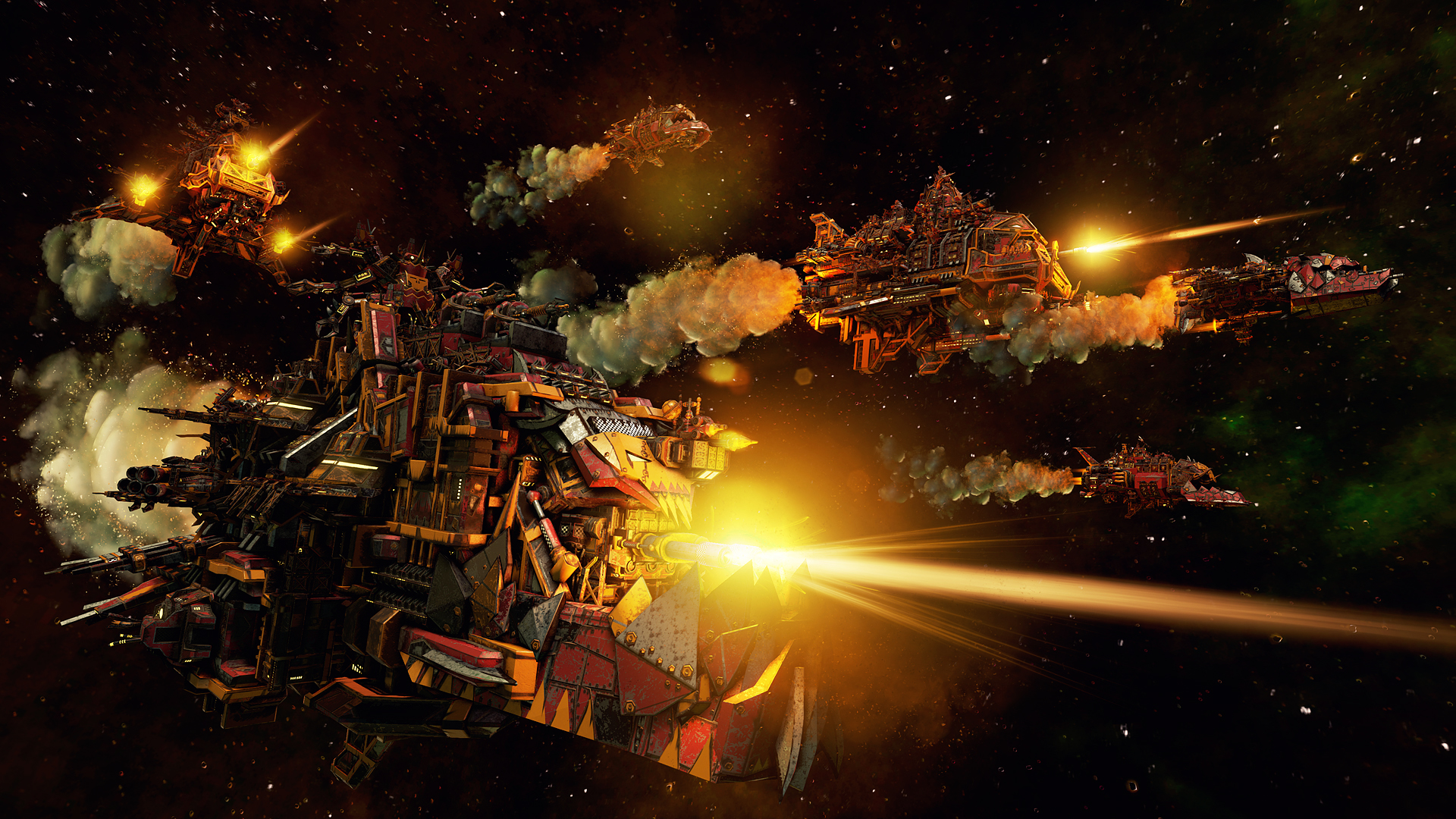 Ork ships are massive hybrids of scrap metal and firepower.