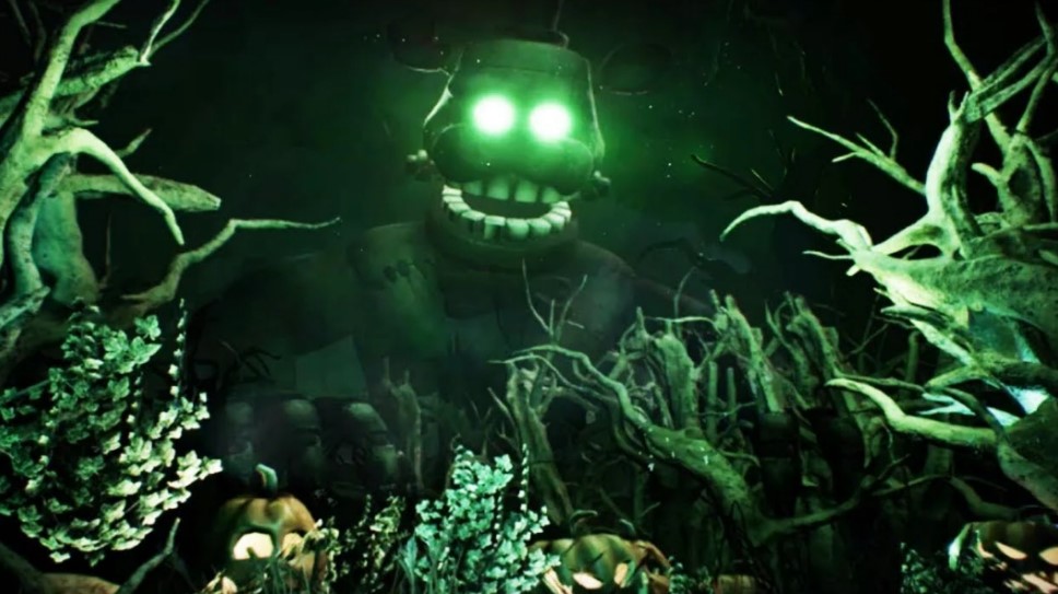 A screencap from the Curse of Dreadbear DLC, where freddy has glowing green eyes and he looks to be underwater