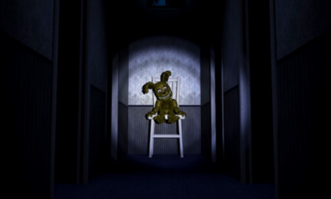 A screencap from FNAF 4 of plushtrap in the hallway.
