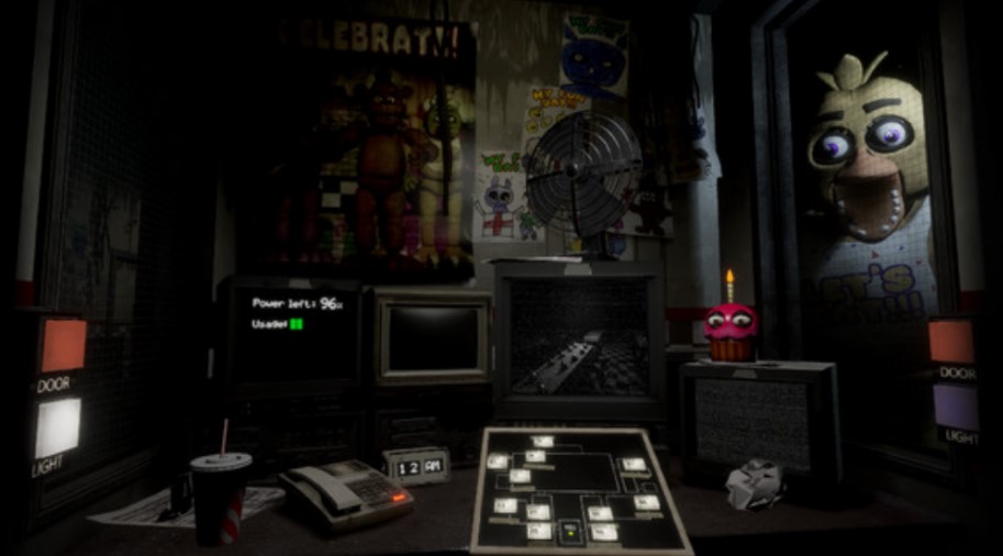 A screencap of the game Help Wanted. You're in the fnaf one office and chica is looking through the window