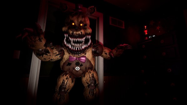 An image taken from FNAF: Help Wanted of Nightmare Fredbear hunched in the scaring position in the doorway of a dark room. 
