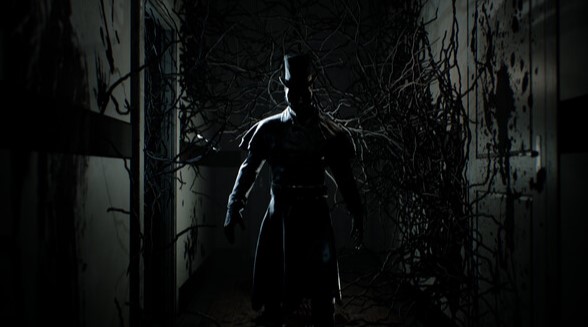 A dark image of a man-thing wearing a top hat. He's standing in a dim hallway and the walls are covered with some kind of plant.