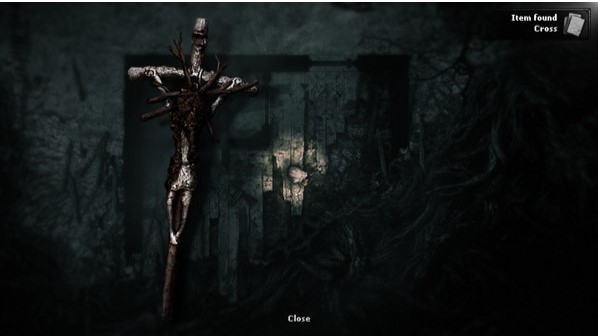 A screencap from "The Beast Inside" of what looks like a warped body nailed to a crucifix The room is decrepit and overgrown with roots and other things.