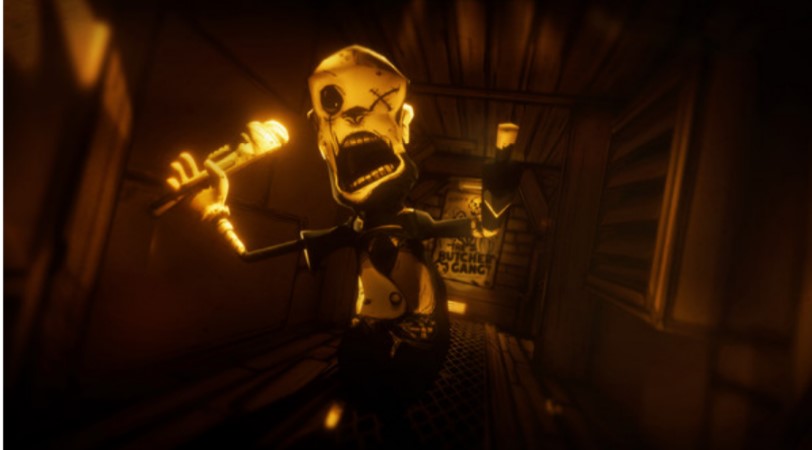 A screenshot from "Bendy and The Ink Machine" where you're getting chased by one of the many game monsters.