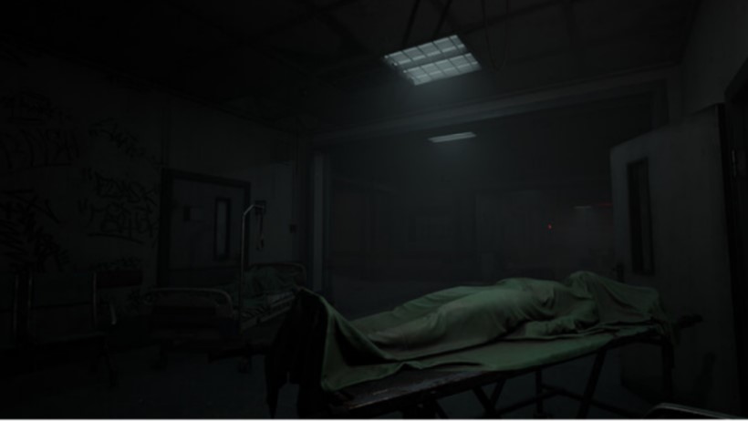 A screencap from the game "Demonologist" of what looks to be an abandoned hospital and theres a stretcher with a covered body on it.
