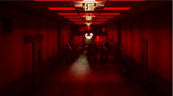 A screencap from "Escape the backrooms," it's a red hallway with a group of people in hazmat suits huddled together. 