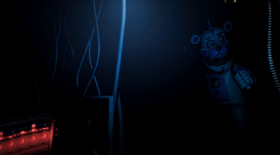 A screencap of the breaker room from sister location, funtime freddy is staring at you from the dark