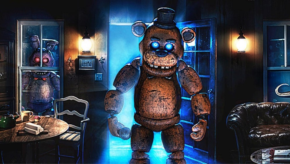 A screencap from Special Delivery of Freddy, an animatronic bear with glowing blue eyes, standing in your living room. Bonnie is staring through your window from outside with glowing red eyes.