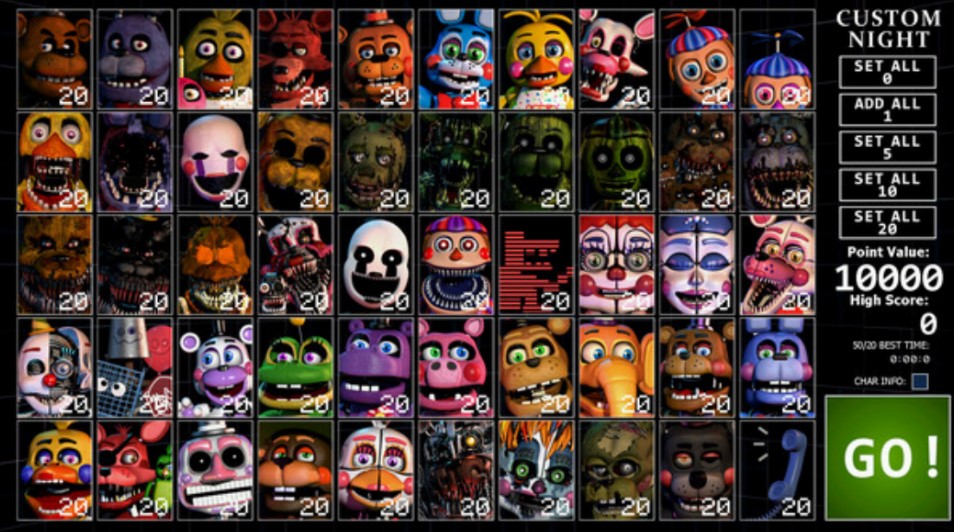 A screencap from ultimate custom night of all of the animatronics.