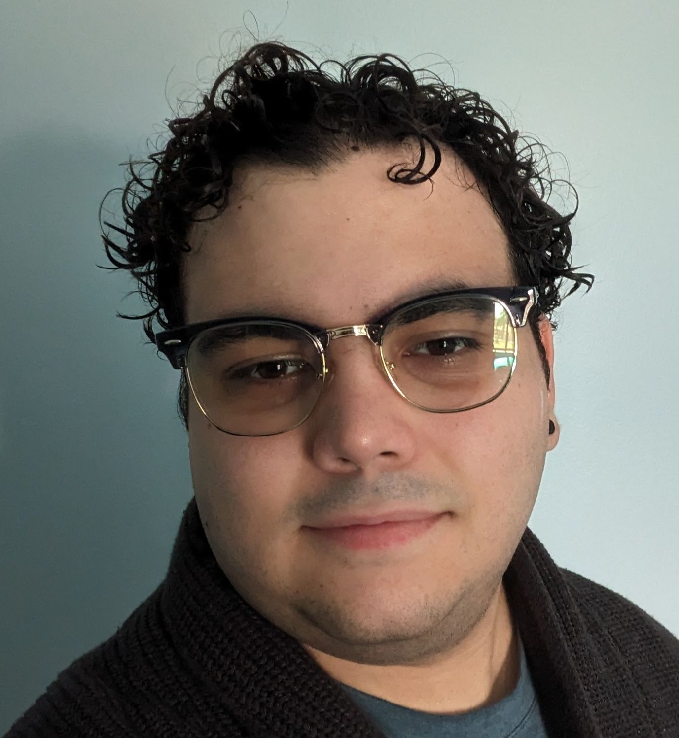 Young man with dark curly hair wearing gold rim glasses