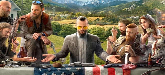 The main villain of Far Cry 5 surrounded by his henchmen at a table symbolising the last supper of Christ.