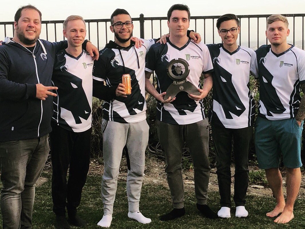 Liquid celebrating after they won the cs_summit 2 finals versus Cloud9 3-2 in Los Angeles, California.