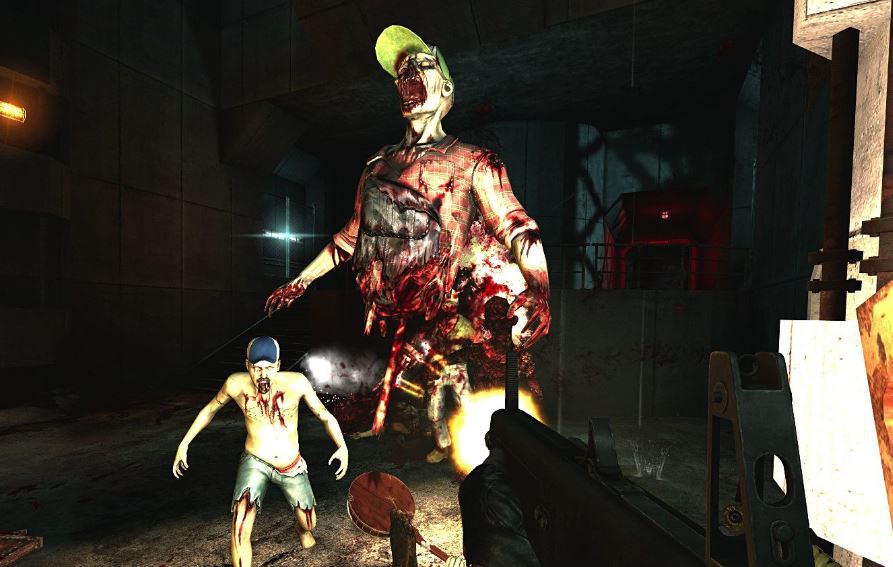Zombies, and parts of zombies fly as player lights them up with a machine gun