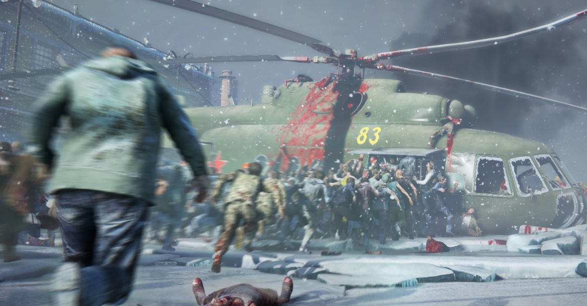 Zombies piling into a freshly fallen helicopter