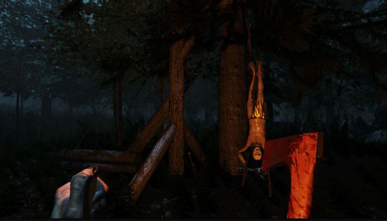Player discovers another character that has been hung upside down on a tree