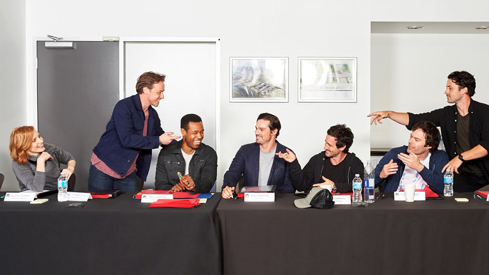 The adult cast of It: Chapter 2 shares a laugh at a table read on July 2nd.  