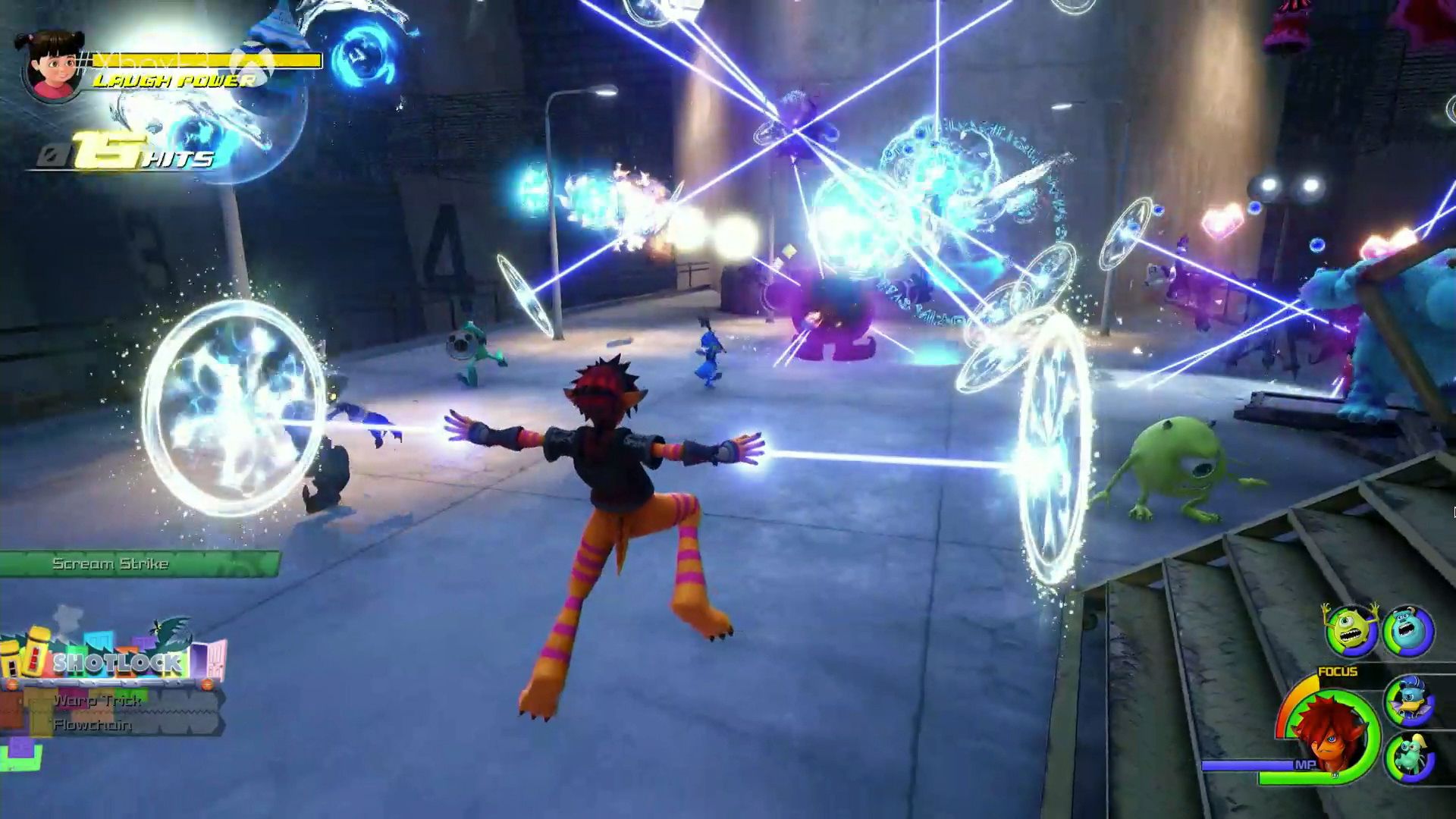 Sora battling Heartless with Mike and Sully