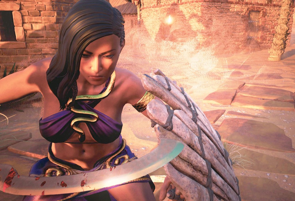 A warrior woman with a bloody sword in Conan Exiles