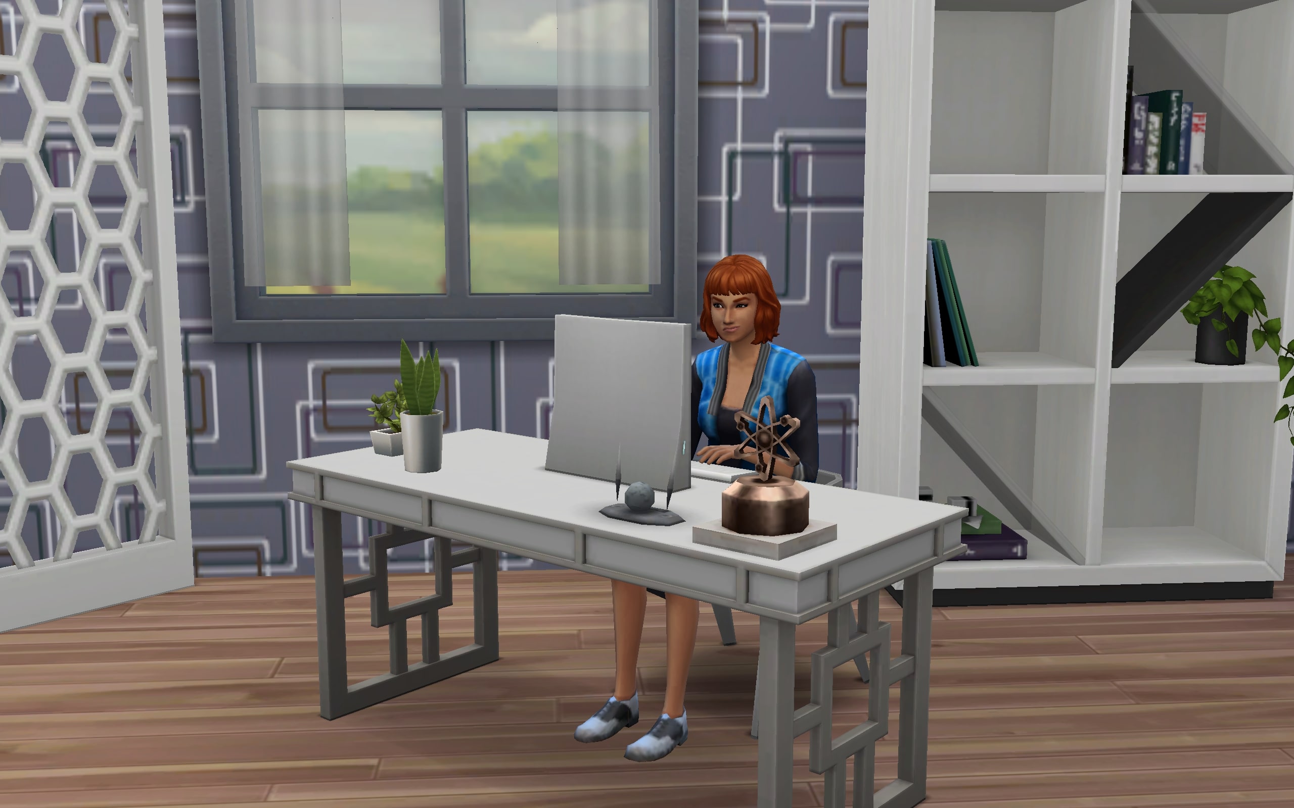 A (grumpy) Freelancer Sim is getting her gig done on the computer.
