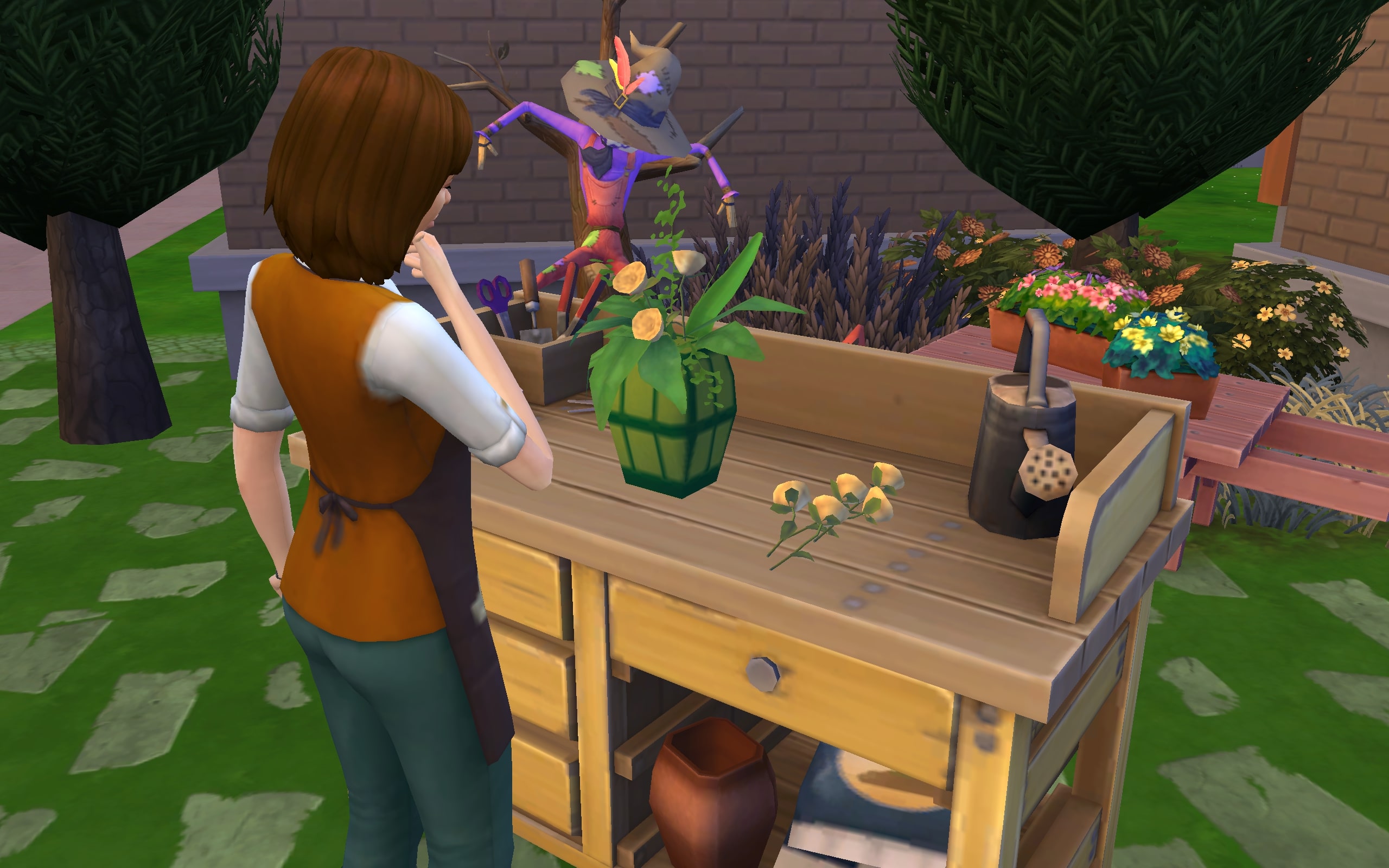 A Florist Sim arranging a vase of flowers.