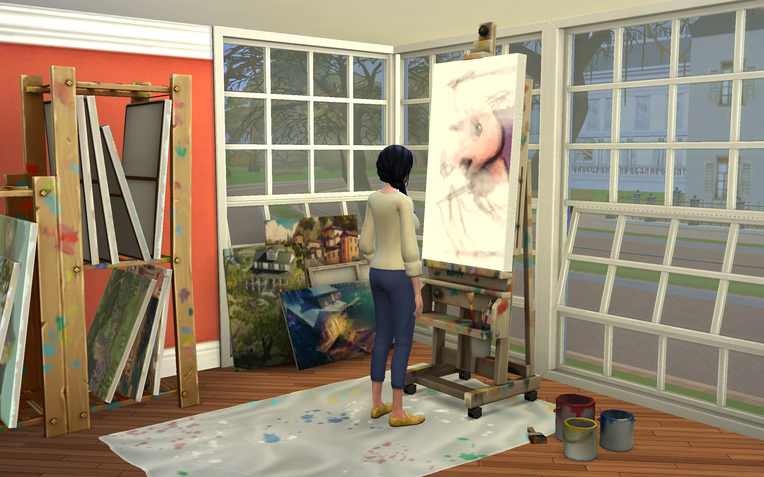 An Artist Sim is painting the infamous Pink Bunny Painting.