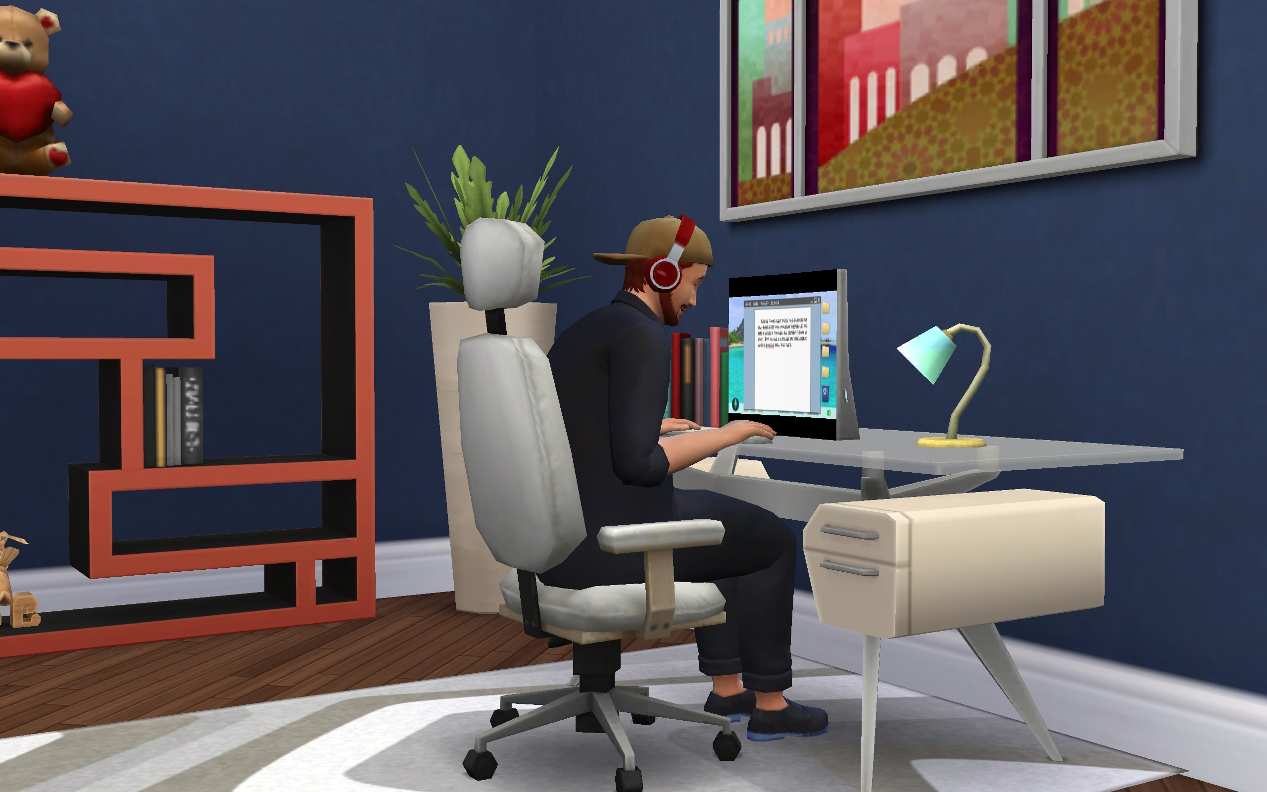 A Writer Sim diligently typing away on his computer.