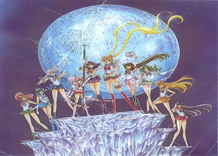 Sailor Moon and the Sailor Senshi stand ready for battle with Sailor Pluto leading the way