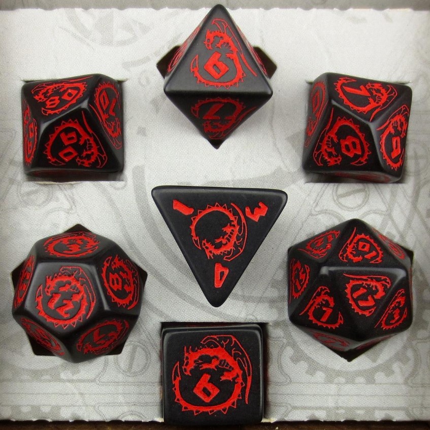The dice are black with Red dragons and numbers.