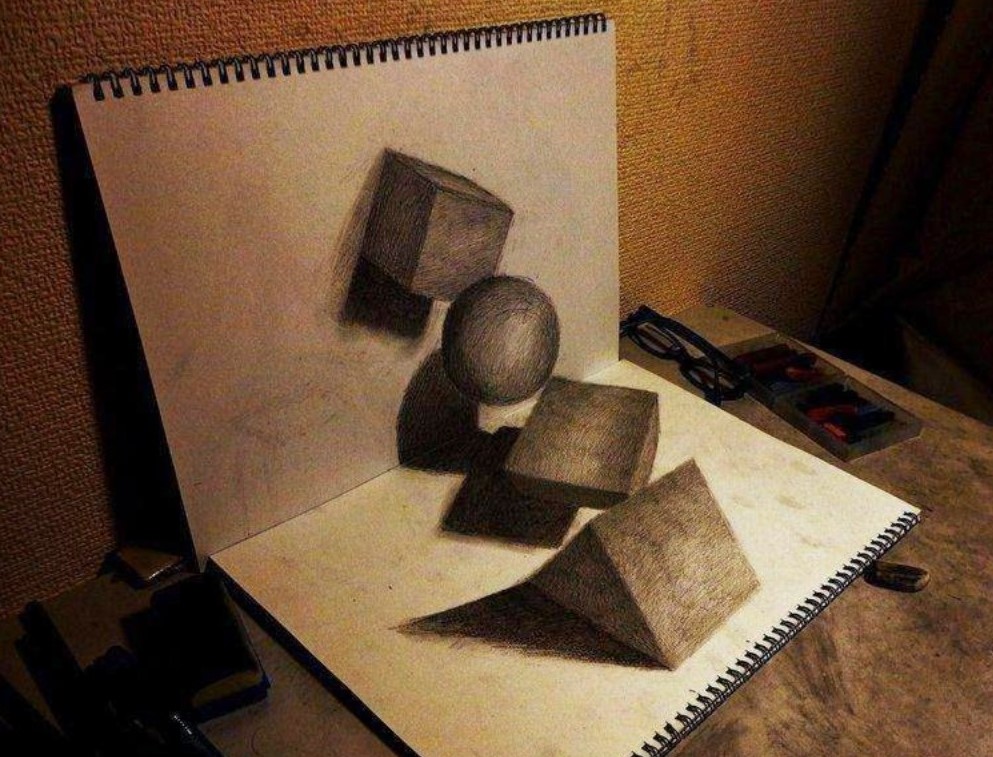 A sketch of Geometric shapes that look 3D while set up on a corner.