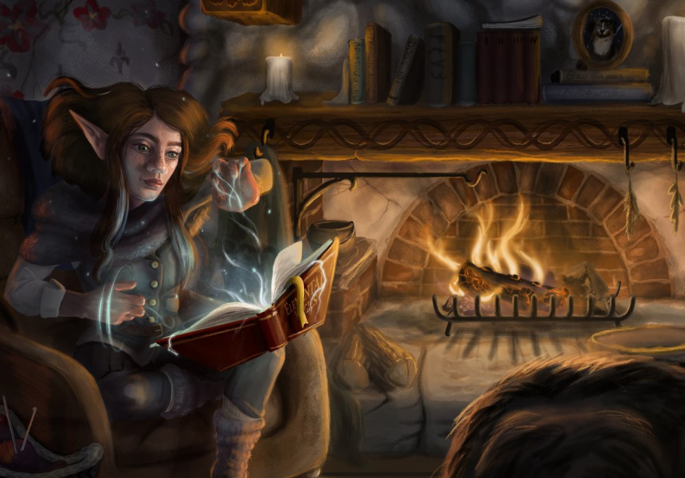 A gnome in her home reading a book