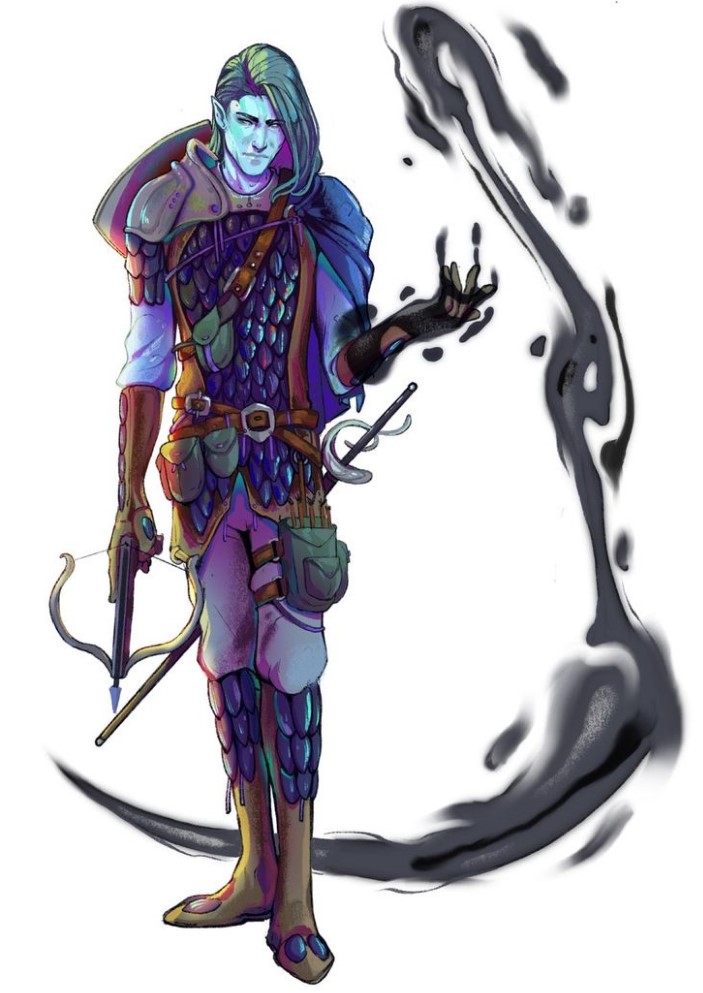 A water genasi with an inky black scythe behind him