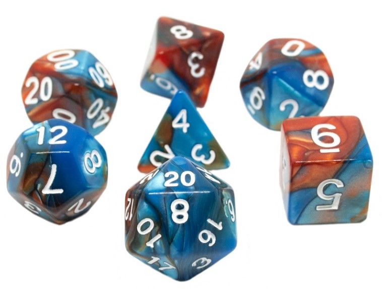 These dice are swirled with orange, and blue with white numbers.