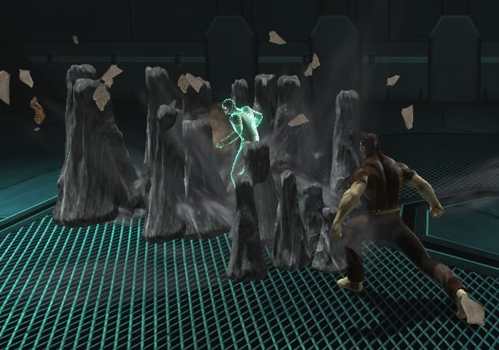 Earth hero stomps on the ground causing earthen pillars to rise up from the ground to attack hologram.