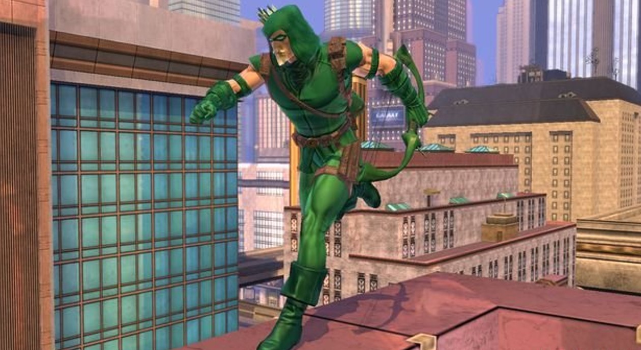 DCUO's Green Arrow runs on rooftops with his trusty bow