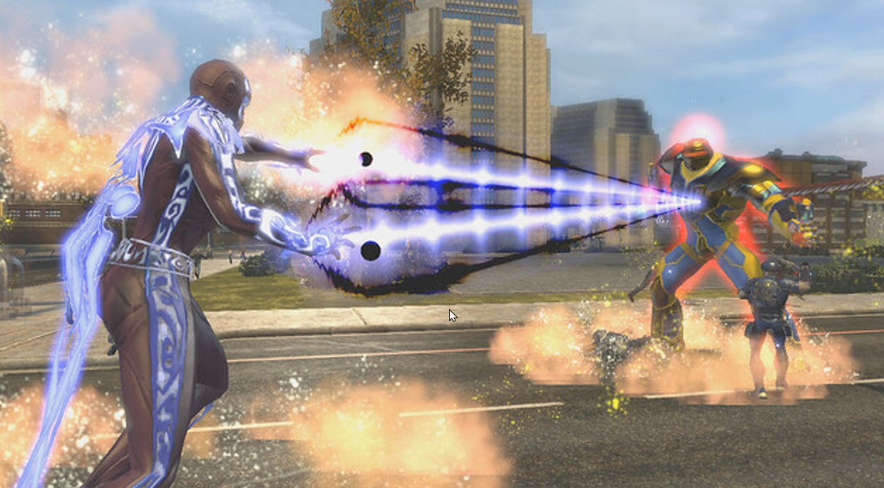 A distance fighting Hand Blaster hero attacks an approaching enemy