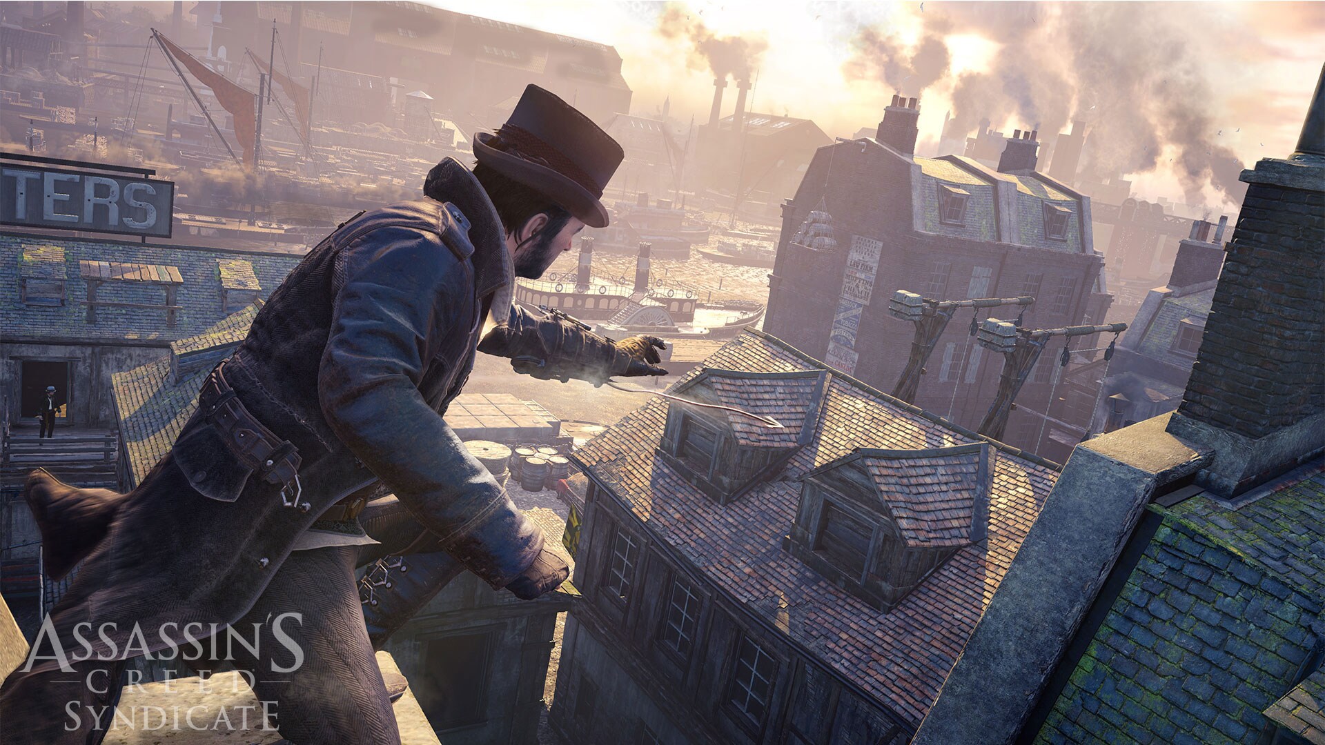 an assassin grapples to another building in old london