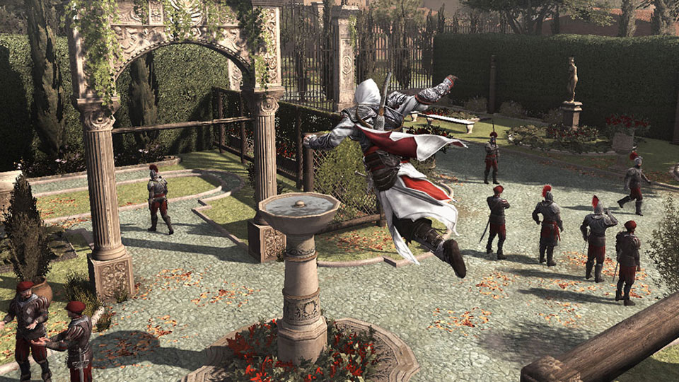 Ezio assassinates an enemy near a fountain