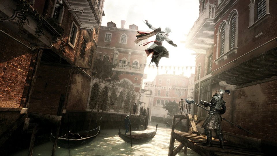 Ezio assassinates an enemy in the canals of Venice