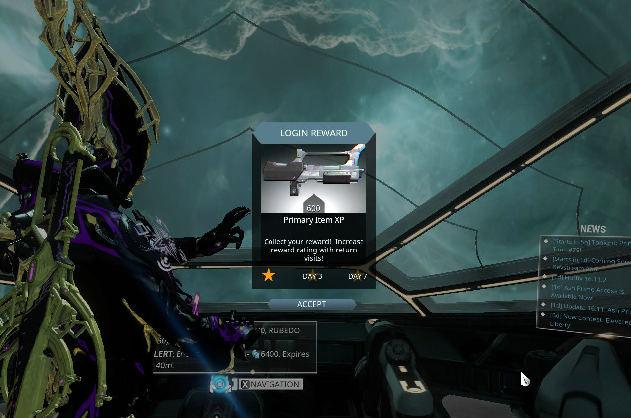 warframe, gameplay, daily login reward