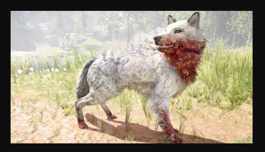 Белый волк с кровью на подбородке
