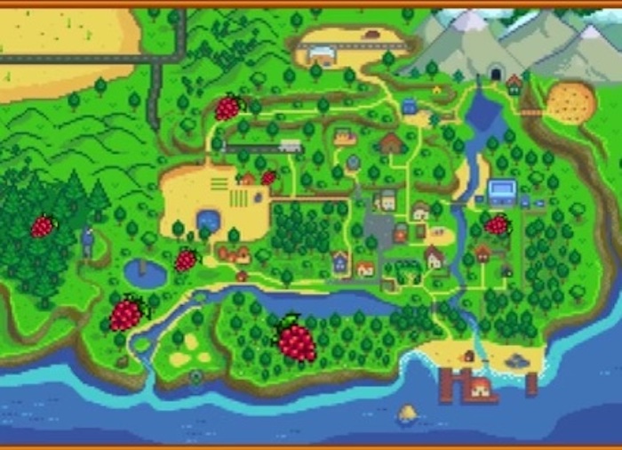 Salmonberries all over the Stardew Valley map.