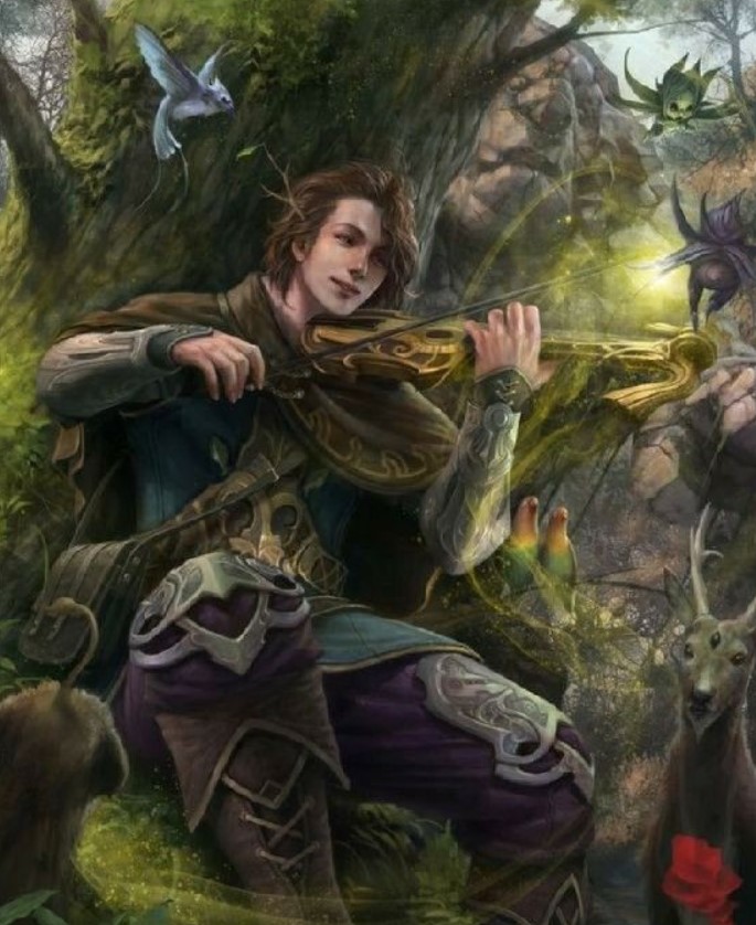 Druid bard sitting in the forest with animals and spirits
