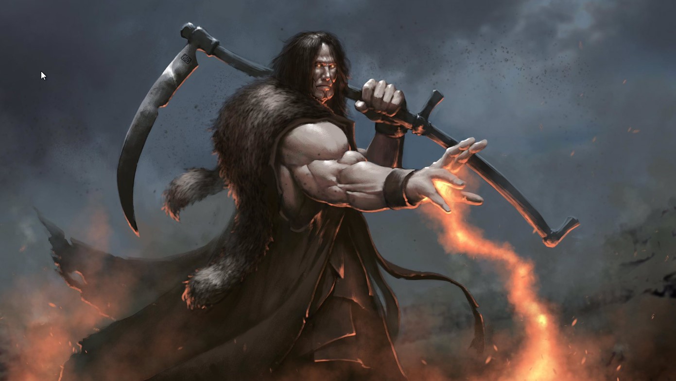 Warlock barbarian carrying scythe casting magic