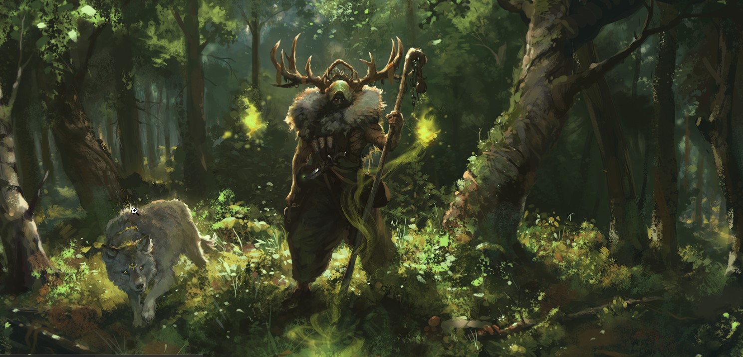 Warlock druid stands with animal companion wolf in forest