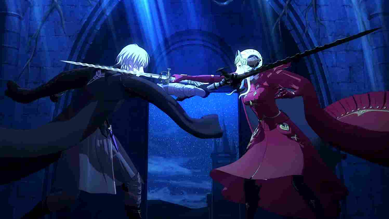 Byleth and Edelgard crossing swords.
