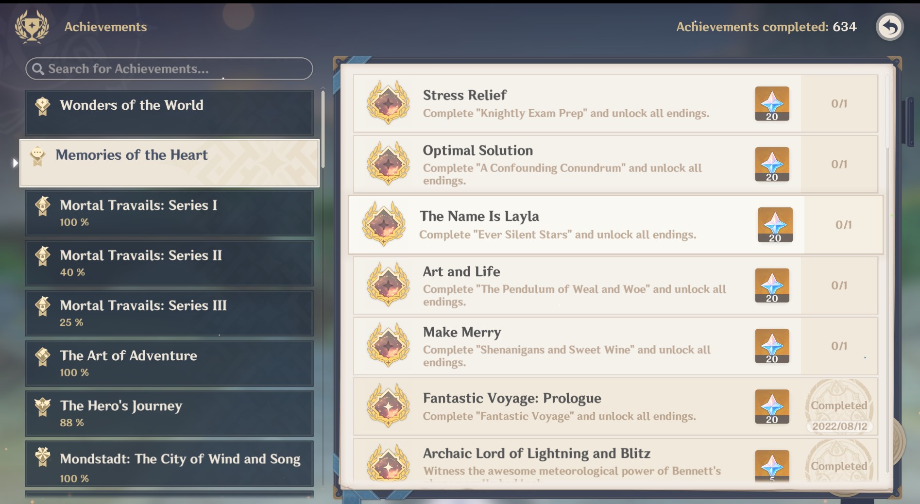 The achievements menu