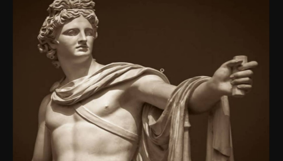 A statue of Apollo, who is not wearing much. He's holding an object in his hand