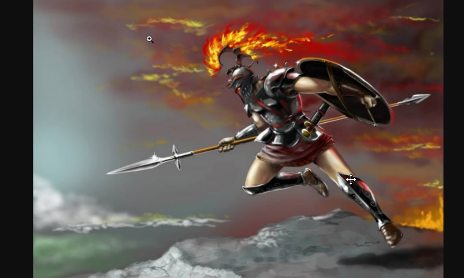 A picture of Ares, He's holding a shield and a spear and his helmet is on fire. It looks like he's charging into war,