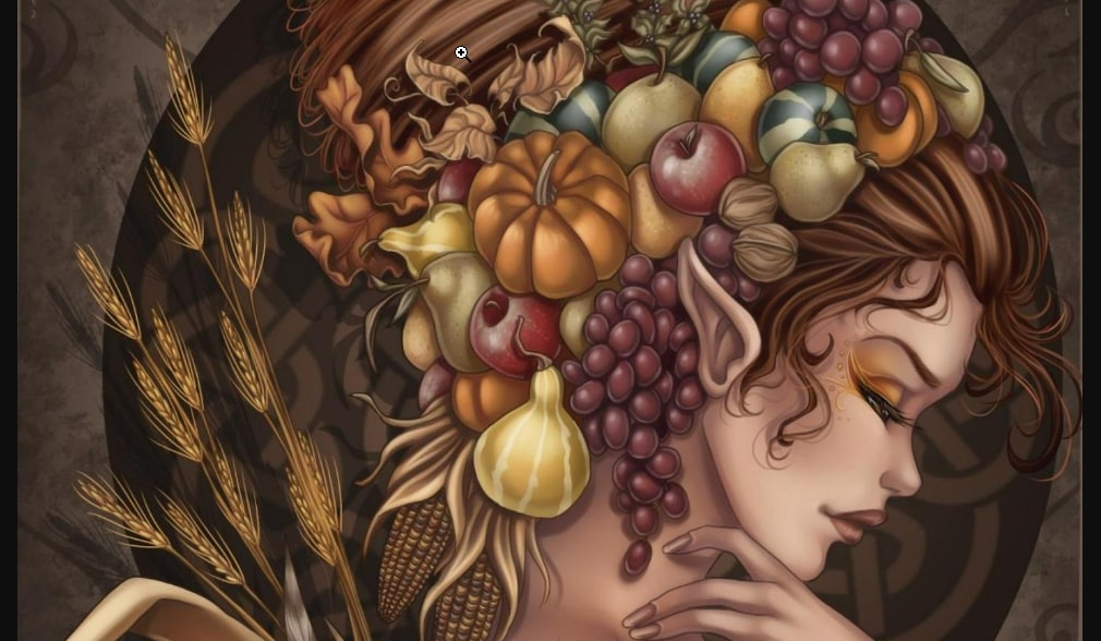 A picture of Demeter from the side, she's got a cornucopia in her hair and she's looking down.