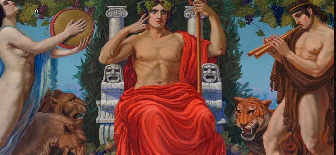 A picture of the Greek God Dionysus, sitting on his throne, wearing a red tunic and there are othe rmostly naked men standing beside him, playing instruments. There are two lions and a tiger. 